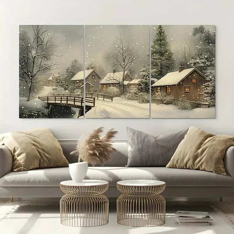 3pcs Winter Wonderland Snowy Embossed Relief Metal Print Ready to Hang Art