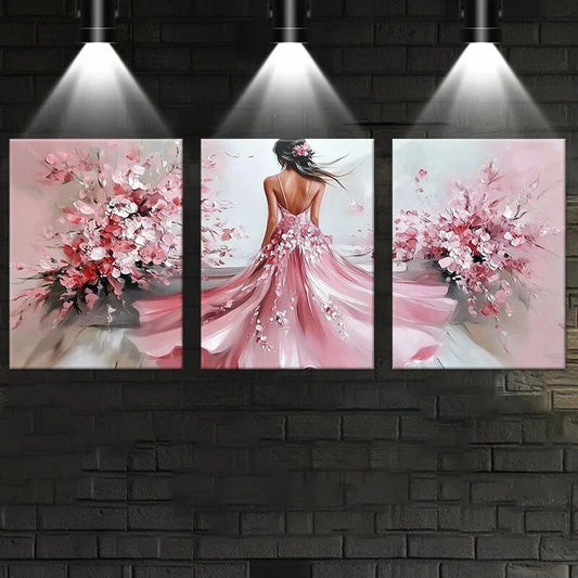 3pcs Pink Dress Woman Modern Flowers Metal Print Ready to Hang Art