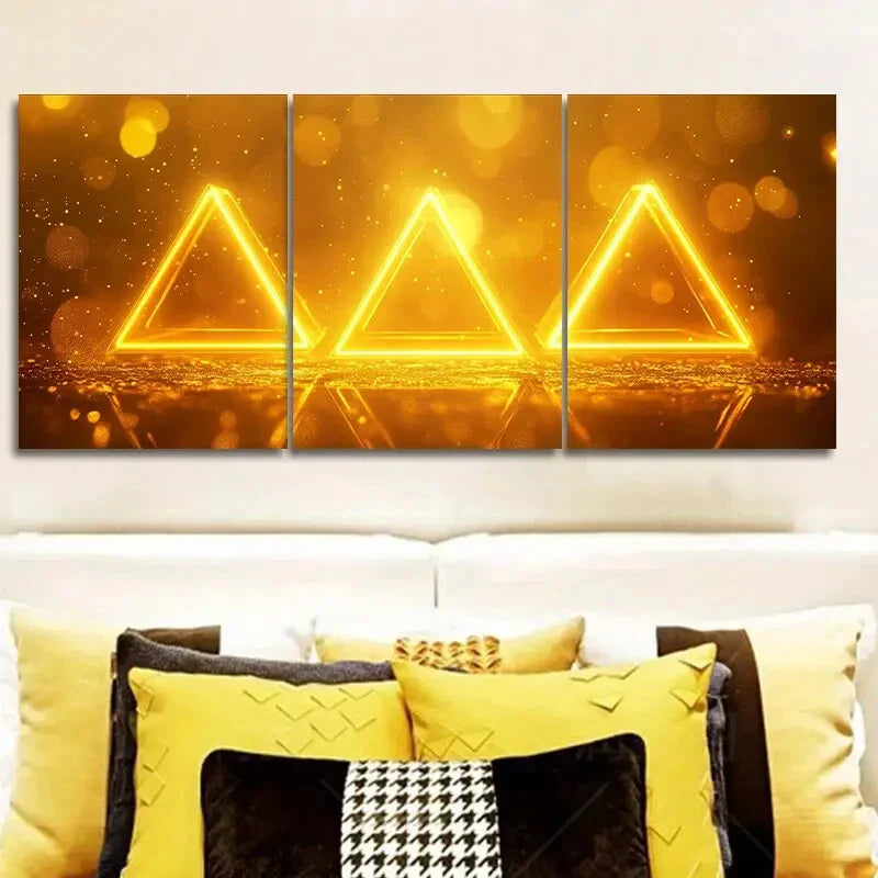 3pcs  Glowing Yellow Triangle Design Metal Print Ready to Hang Art