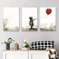 3pcs Black and White Girl with Red Balloon Metal Print Ready to Hang Art