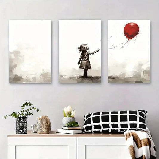 3pcs Black and White Girl with Red Balloon Metal Print Ready to Hang Art