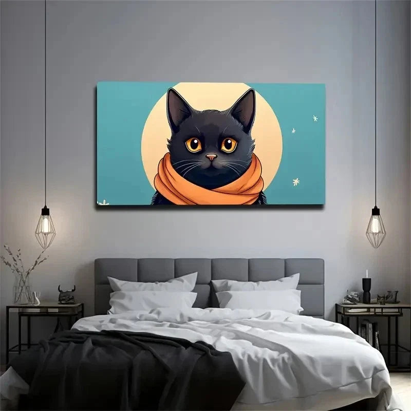 Stylish Black Cat Wall Art Canvas Office Home Room Framed 80x45cm