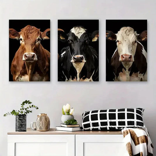 3pcs Stunning Farm Animal Bold Black & Brown Metal Print Ready to Hang Art