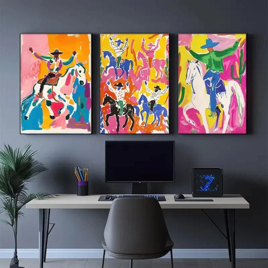 3pcs Colorful Eclectic Cowboy Mural Rodeo Rustic Metal Print Ready to Hang Art