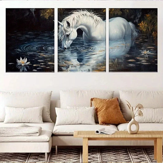 3pcs Mystical Fantasy White Unicorn in Water  Wall Art Set Canvas Framed 40x60cm - High Quality Print 100% Australian Made Wall Canvas Ready to Hang