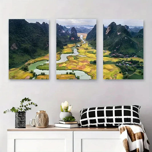 3pcs Serene Landscape of Mountain and Rice Fields Metal Print Ready to Hang Art