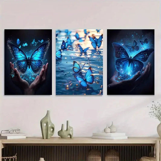 3pcs Blue Butterfly Triptych Vibrant Blue Metal Print Ready to Hang Art
