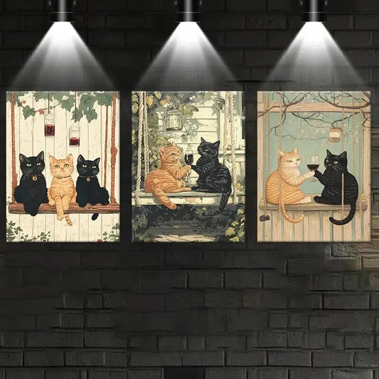 3pcs Contemporary Cat Illustrations Wall Art Set Canvas Framed 40x60cm - High Quality Print 100% Australian Made Wall Canvas Ready to Hang