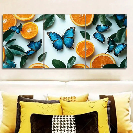3pcs Blue Butterflies & Orange Limbs Metal Print Ready to Hang Art