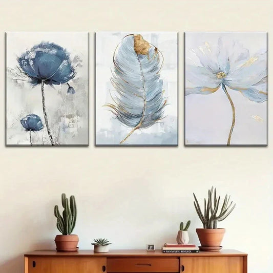3pcs Modern Floral & Feather Metal Print Ready to Hang Art