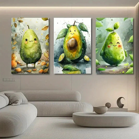 3pcs Cute Avocado Face Green Leaves Brown Leaves Metal Print Ready to Hang Art