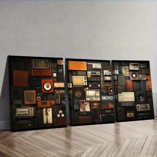 3pcs Featuring a Collage of Retro Audio Devices  Wall Art Set Canvas Framed 40x60cm - High Quality Print 100% Australian Made Wall Canvas Ready to Hang