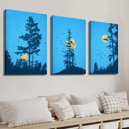 3pcs Landscape of Forest Trees and Birds Wall Art Set Canvas Framed 40x60cm - High Quality Print 100% Australian Made Wall Canvas Ready to Hang