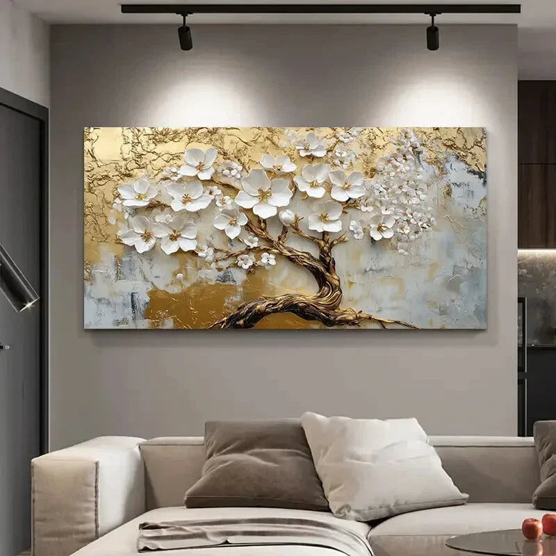 Minimalist Golden White Floral Wall Art Canvas Office Home Room Framed 80x45cm