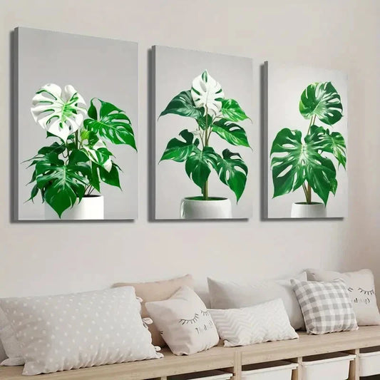 3pcs Monstera Plant Leaf Decor Wall Art Set Canvas Framed 40x60cm - High Quality Print 100% Australian Made Wall Canvas Ready to Hang