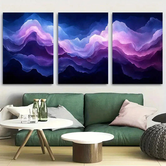 3pcs Ethereal Blue and Purple Abstract Metal Print Ready to Hang Art