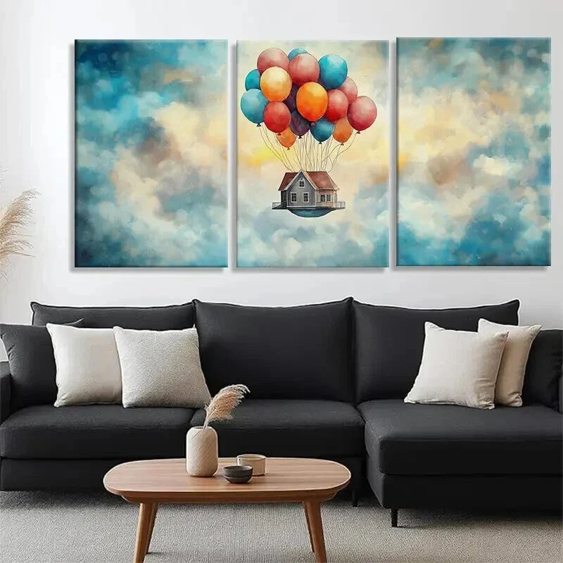 3pcs Floating House Colorful Balloon Perfect Wall Art Set Canvas Framed 40x60cm - High Quality Print 100% Australian Made Wall Canvas Ready to Hang