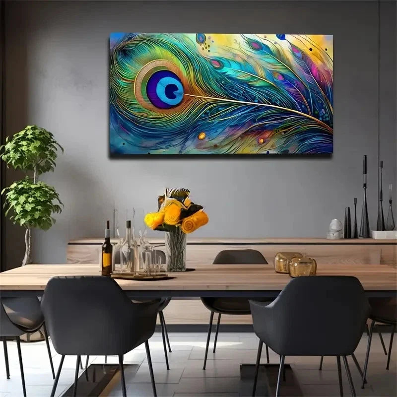 Peacock Feathers Suitable Wall Art Canvas Office Home Room Framed 80x45cm