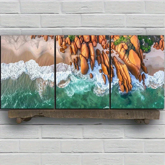 3pcs Serene Beach and Rock Coastline with Vibrant Metal Print Ready to Hang Art