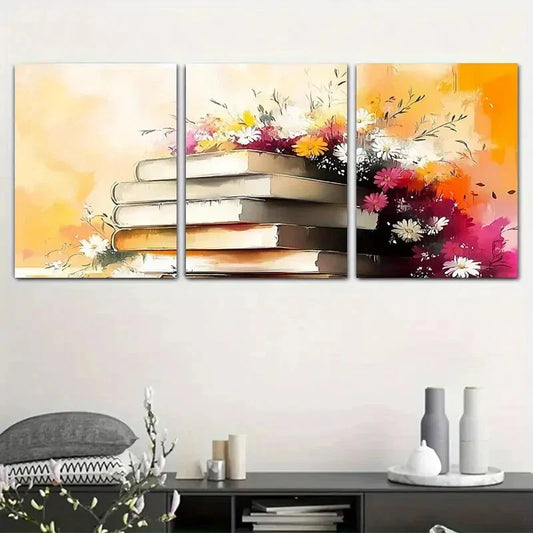 3pcs Vibrant Book Stack & Floral Design Metal Print Ready to Hang Art