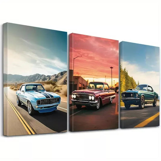 3pcs Retro Aesthetic Vintage Cars With Sunset Wall Art Set Canvas Framed 40x60cm - High Quality Print 100% Australian Made Wall Canvas Ready to Hang