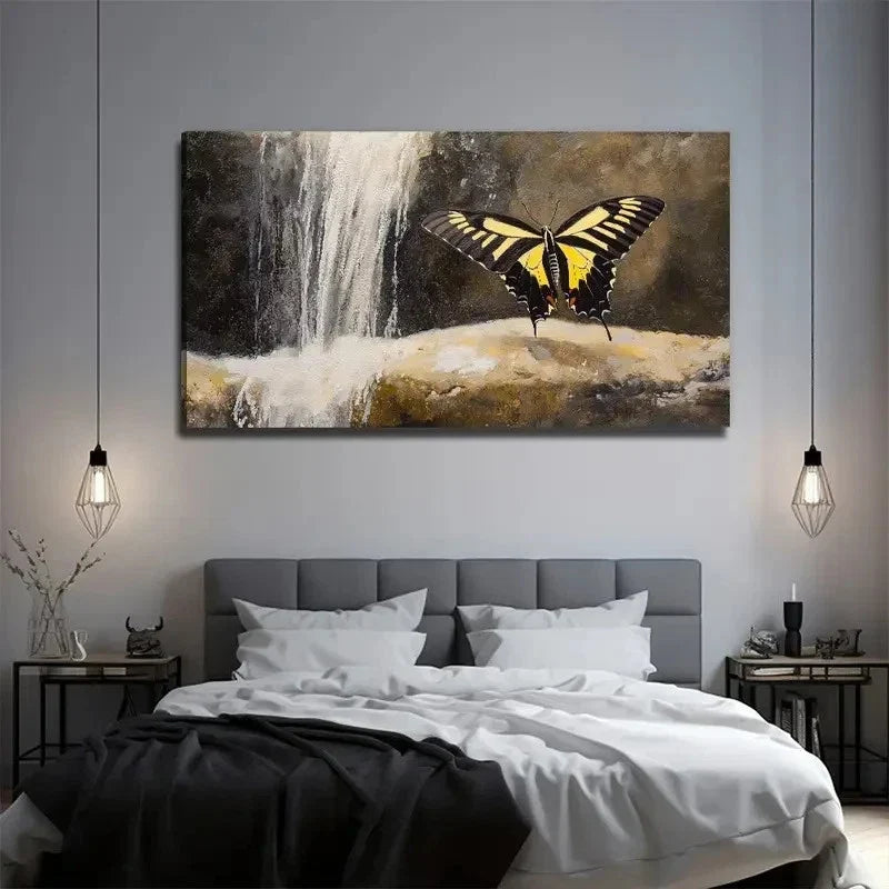 Waterfall Butterfly Aesthetic Wall Art Canvas Office Home Room Framed 80x45cm