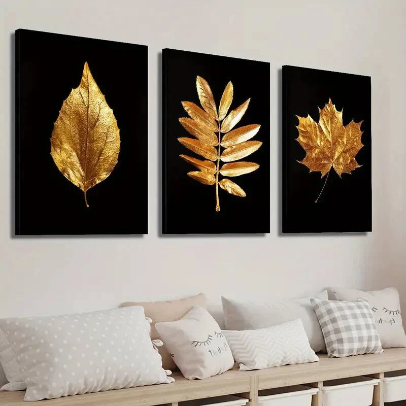 3pcs Luxurious Golden Leaves Wall Art Set Canvas Framed 40x60cm - High Quality Print 100% Australian Made Wall Canvas Ready to Hang
