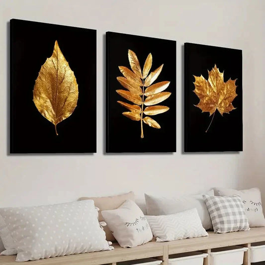 3pcs Luxurious Golden Leaves Wall Art Set Canvas Framed 40x60cm - High Quality Print 100% Australian Made Wall Canvas Ready to Hang