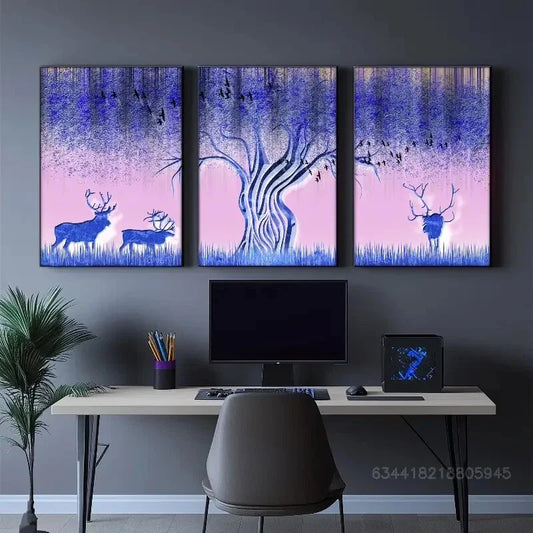 3pcs Sika deer, Golden trees decoration poster Metal Print Ready to Hang Art