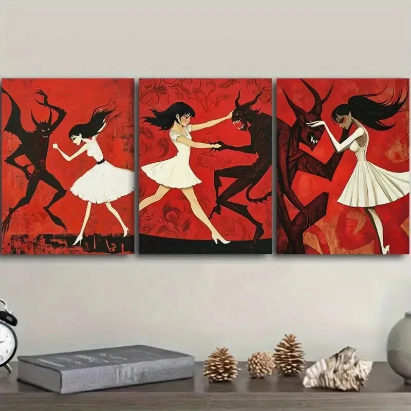 3pcs The Girl and the Beast Red & Black Wall Art Set Canvas Framed 40x60cm - High Quality Print 100% Australian Made Wall Canvas Ready to Hang