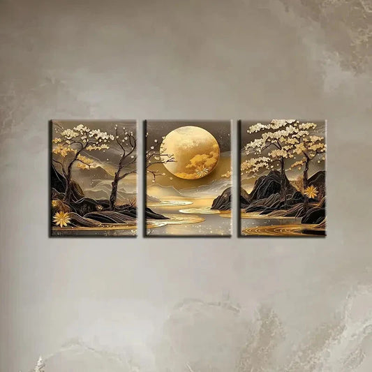 3pcs Enchanting Golden Sun and Mountains Metal Print Ready to Hang Art