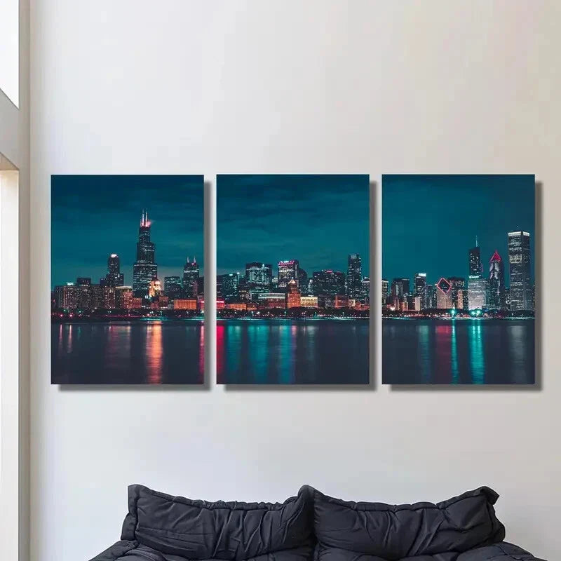 3pcs Night City Skyline with Reflective Skyscraper Metal Print Ready to Hang Art