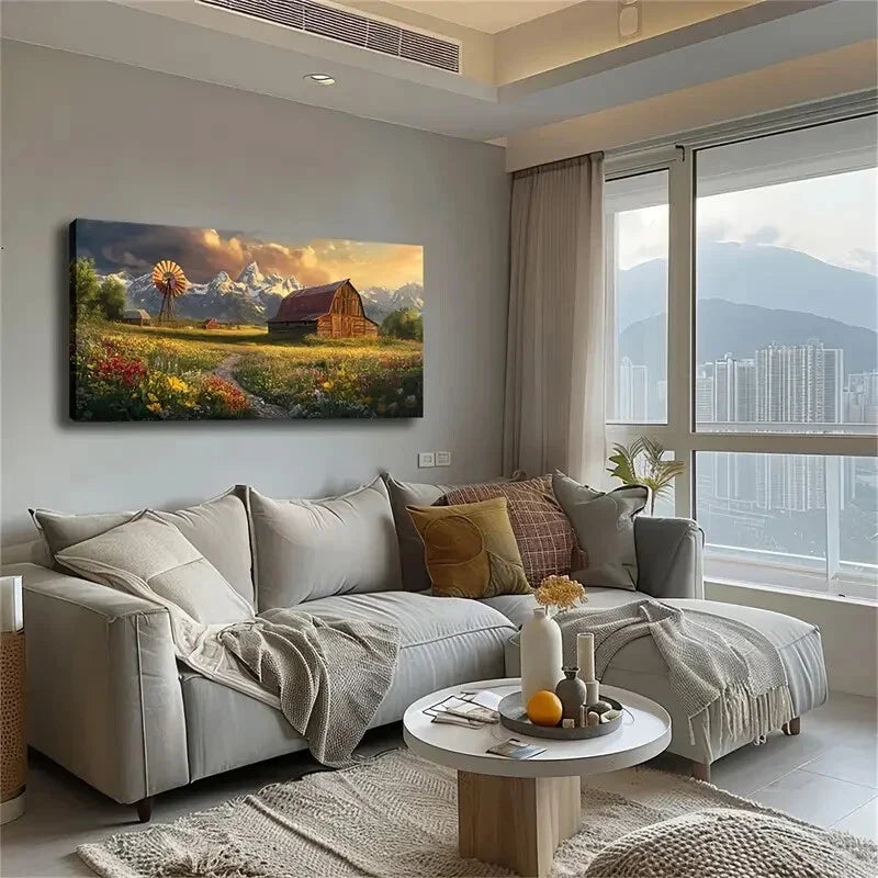 Windmill & Mountain Landscape Wall Art Canvas Office Home Room Framed 120x60cm