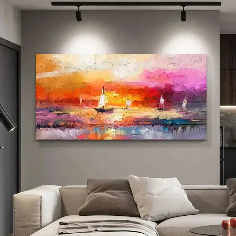 Vibrant Sunset & Ocean Scene Wall Art Canvas Office Home Room Framed 120x60cm