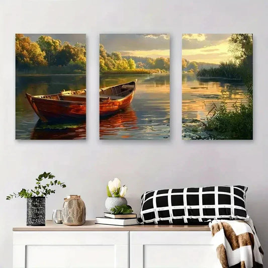 3pcs anquil Lake & Boat Nature Classic Metal Print Ready to Hang Art