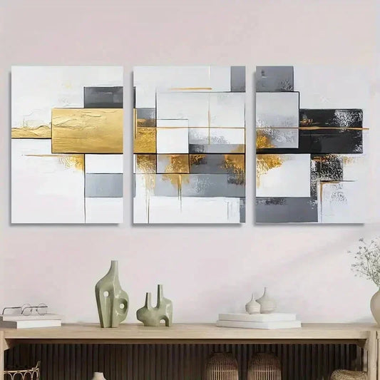 3pcs Modern Abstract Golden & Gray Geometric Metal Print Ready to Hang Art