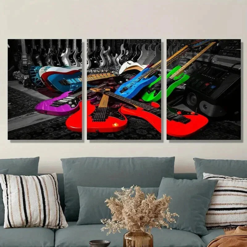 3pcs Modern Musical Themed, Guitar Artwork Metal Print Ready to Hang Art