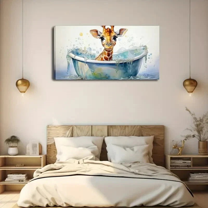 Giraffe in Bathtub Deco Wall Art Canvas Office Home Room Framed 120x60cm