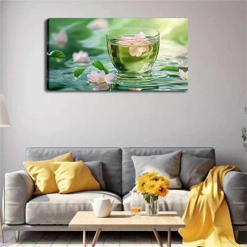 A Pink Flower Floating Green Wall Art Canvas Office Home Room Framed 120x60cm