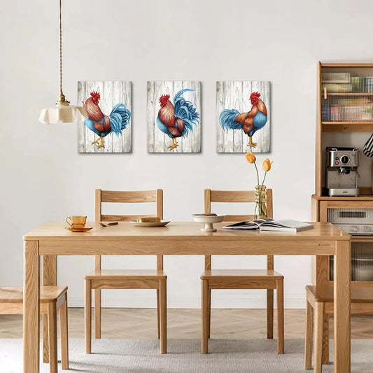 3pcs Colourful Chicken Blue Wings Metal Print Ready to Hang Art