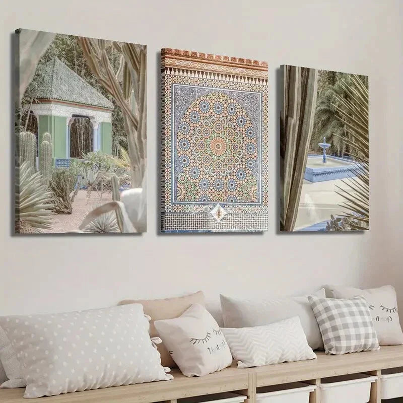 3pcs Moroccan Green Garden & Magical Cactus Wall Art Set Canvas Framed 40x60cm - High Quality Print 100% Australian Made Wall Canvas Ready to Hang
