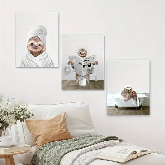 3pcs Sloth Funny Animal Bathroom Metal Print Ready to Hang Art