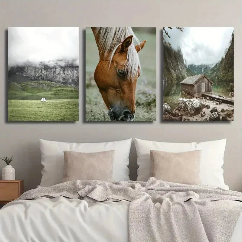 3pcs White Tent Green Grass Horse Mountain Metal Print Ready to Hang Art