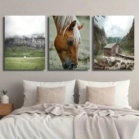 3pcs White Tent Green Grass Horse Mountain Metal Print Ready to Hang Art