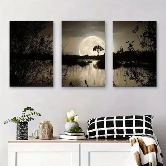 3pcs Serene Nature Landscape Black and White Metal Print Ready to Hang Art