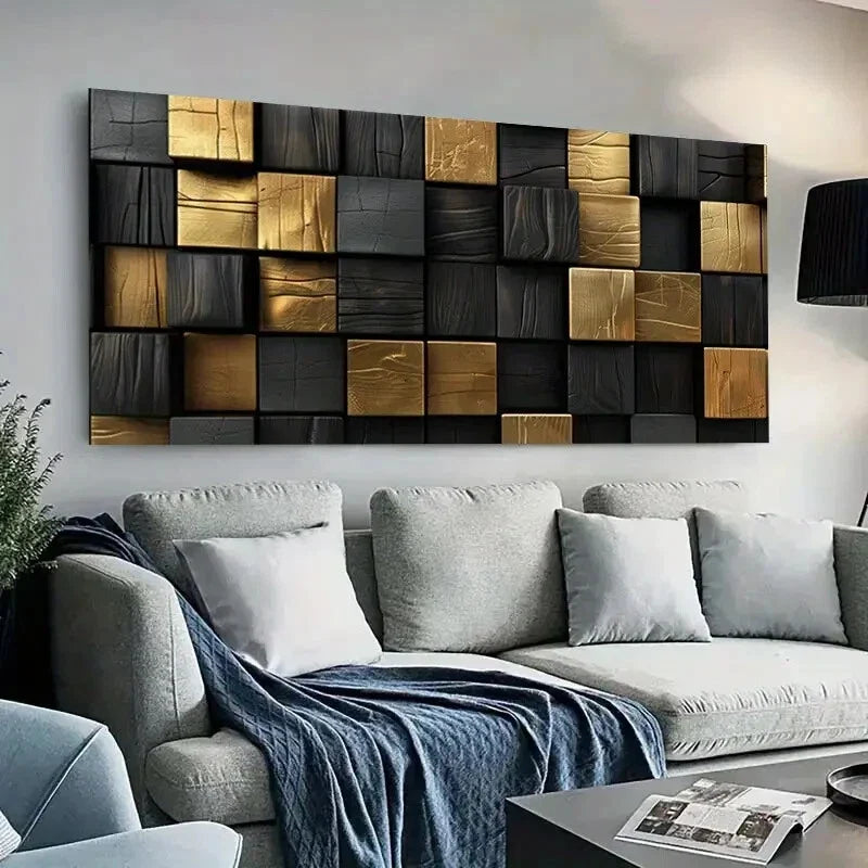 Golden & Black Wooden Blocks Wall Art Canvas Office Home Room Framed 80x45cm
