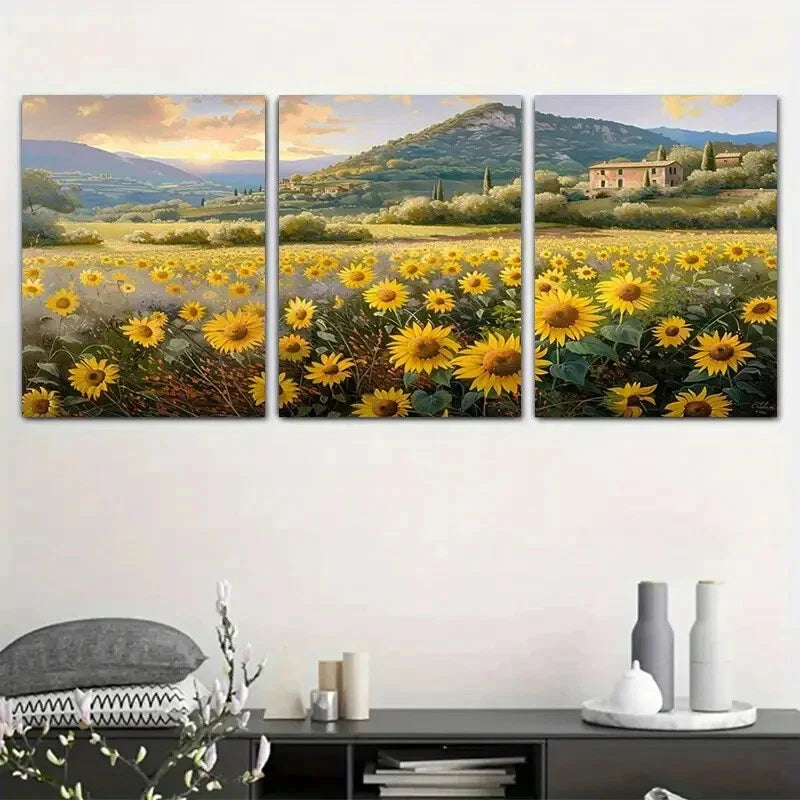 3pcs Sunflower Field Landscape Rolling Hills Metal Print Ready to Hang Art