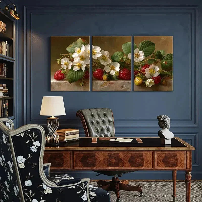 3pcs - Vibrant Strawberry Blossoms & White Flowers Metal Print Ready to Hang Art