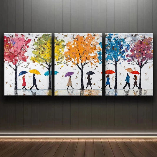 3pcs Abstract Peoples Are Walking Colourful Trees Metal Print Ready to Hang Art