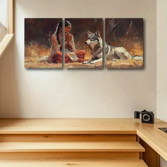 3pcs Mystical Woman & Wolf in Serene Forest Scene Metal Print Ready to Hang Art